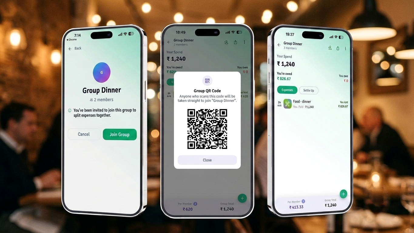 FareWeave screens showing a join request, the Group QR Code, and the group's expenses after joining