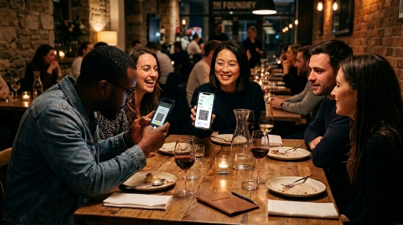 Friends at a dinner table scanning a QR code on their phones to join a FareWeave group
